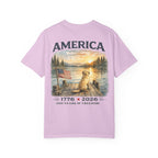 America 1776–2026 Freedom Lake Graphic T-Shirt — Patriotic Dog & Flag Tee Printify