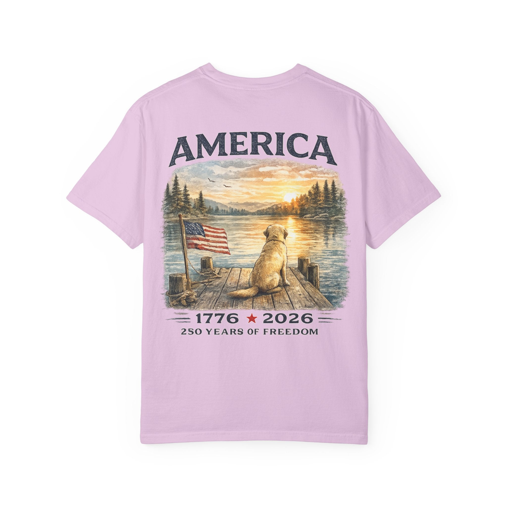 America 1776–2026 Freedom Lake Graphic T-Shirt — Patriotic Dog & Flag Tee Printify
