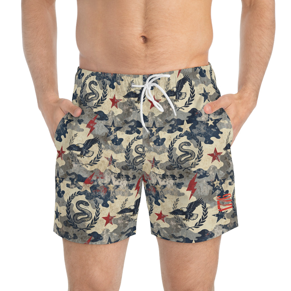 1776 Vintage Camo Swim Trunks — Patriotic Retro Military Print