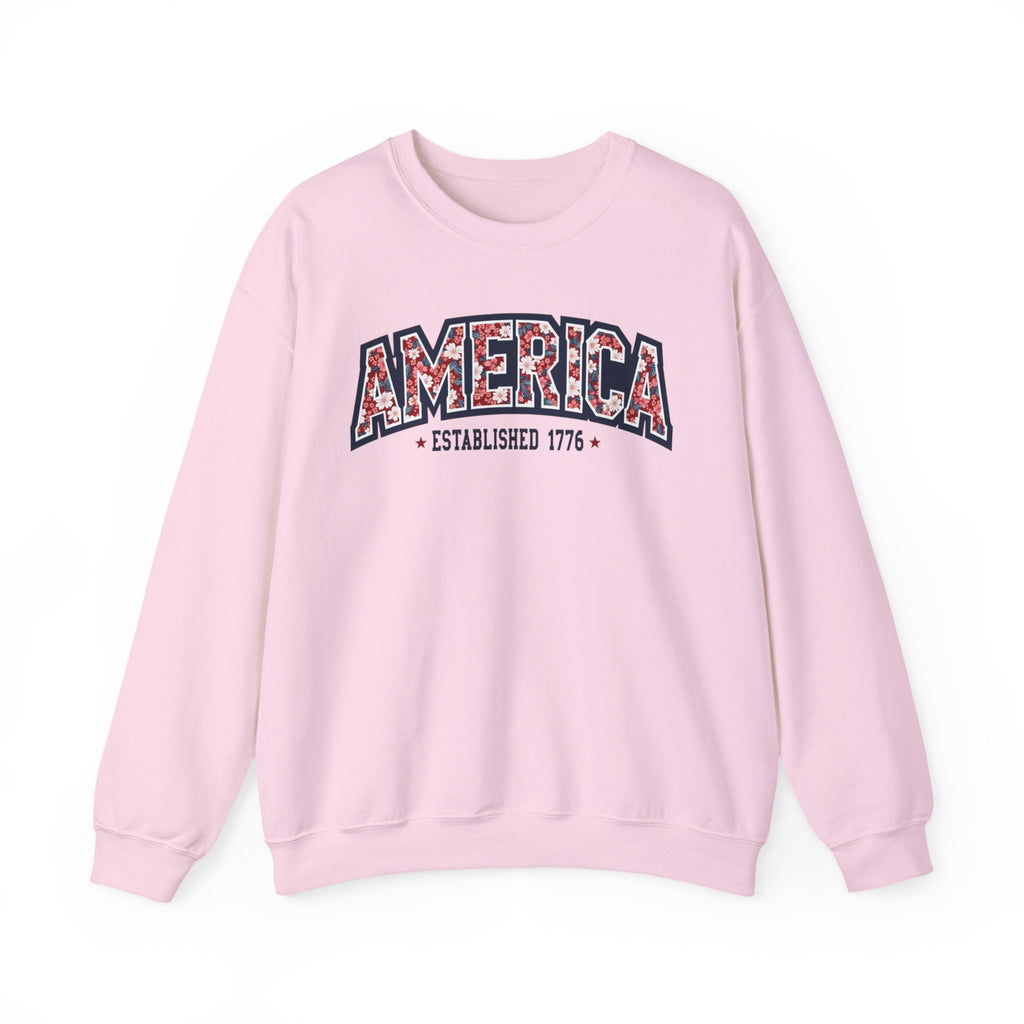 America Floral Varsity Crewneck Sweatshirt – Vintage Patriotic Pullover Printify