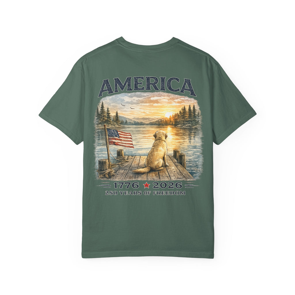 America 1776–2026 Freedom Lake Graphic T-Shirt — Patriotic Dog & Flag Tee Printify