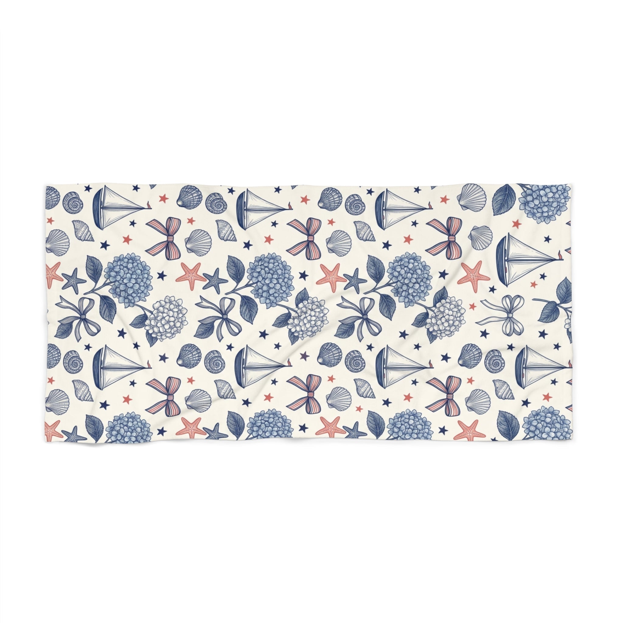 Coastal Americana Beach Towel – Patriotic Seashell & Hydrangea Print Printify