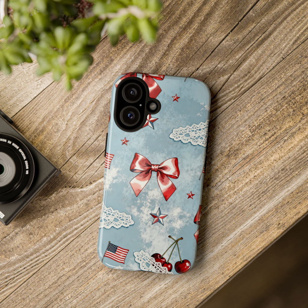 Americana Coquette Cherry Bow Phone Case Printify