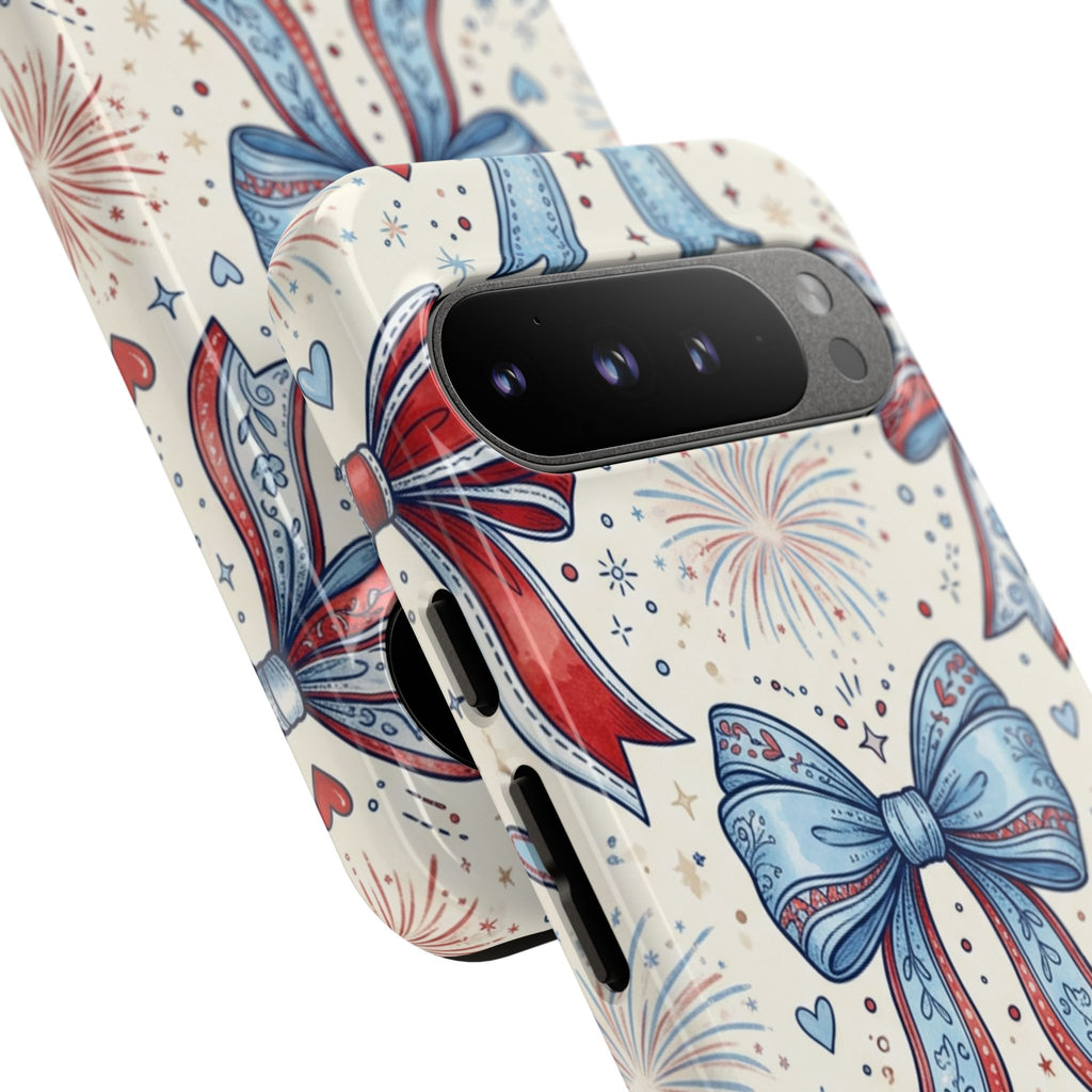 Patriotic Coquette Bows Phone Case – Americana Ribbon & Fireworks Design Printify