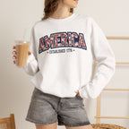 America Floral Varsity Crewneck Sweatshirt – Vintage Patriotic Pullover Printify
