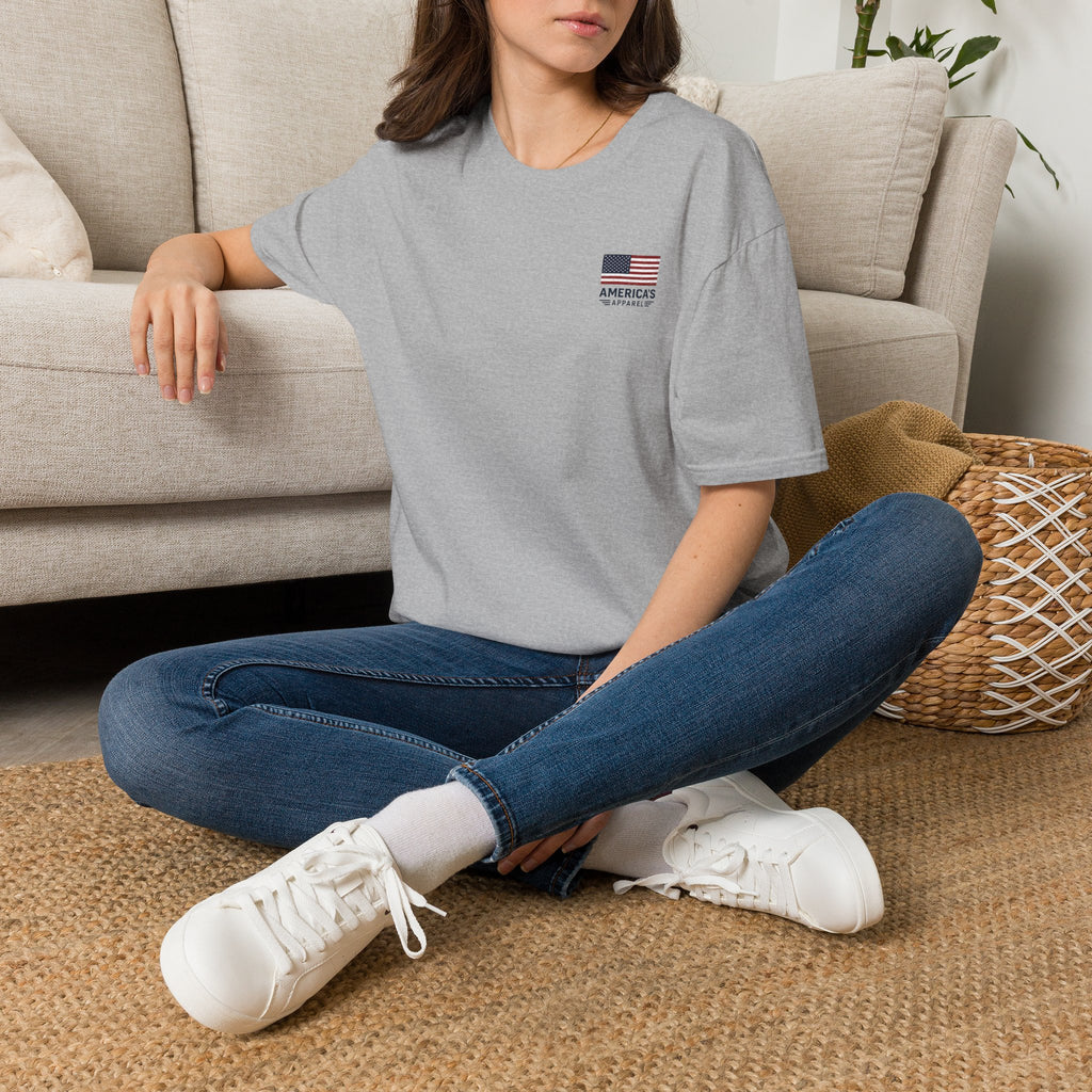 American Flag Pocket T-Shirt — "America's" Small Logo Patriotic Tee Printify