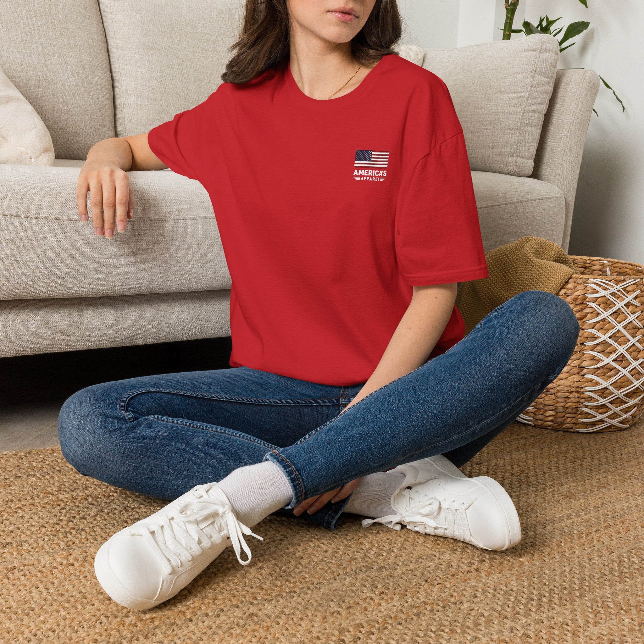 American Flag Pocket T-Shirt — "America's" Small Logo Patriotic Tee Printify