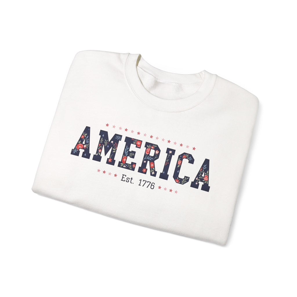 America Wildflower Crewneck Sweatshirt – Vintage Patriotic Floral Pullover Printify