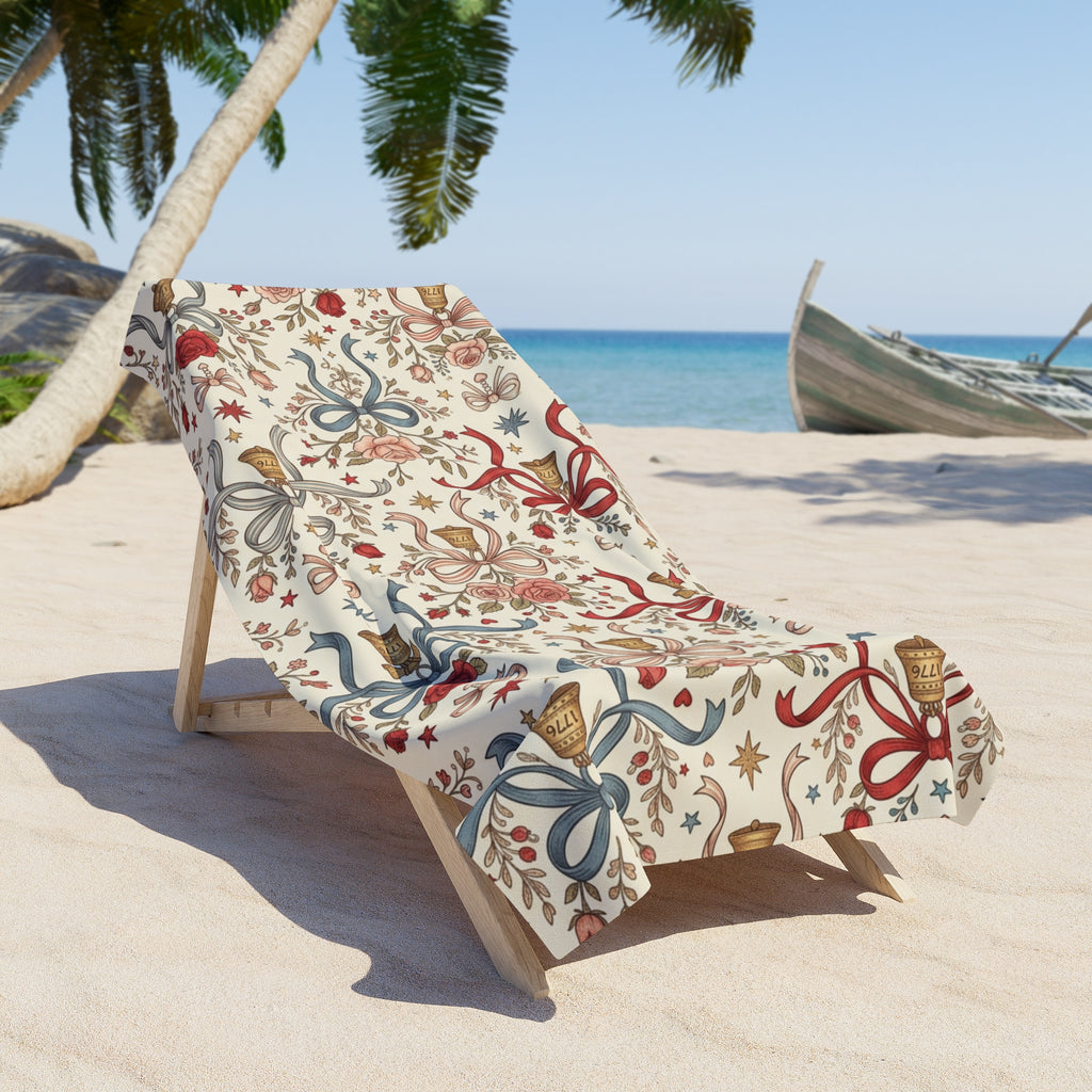 Liberty Bows Beach Towel – Vintage Americana Floral Patriotic Towel Printify