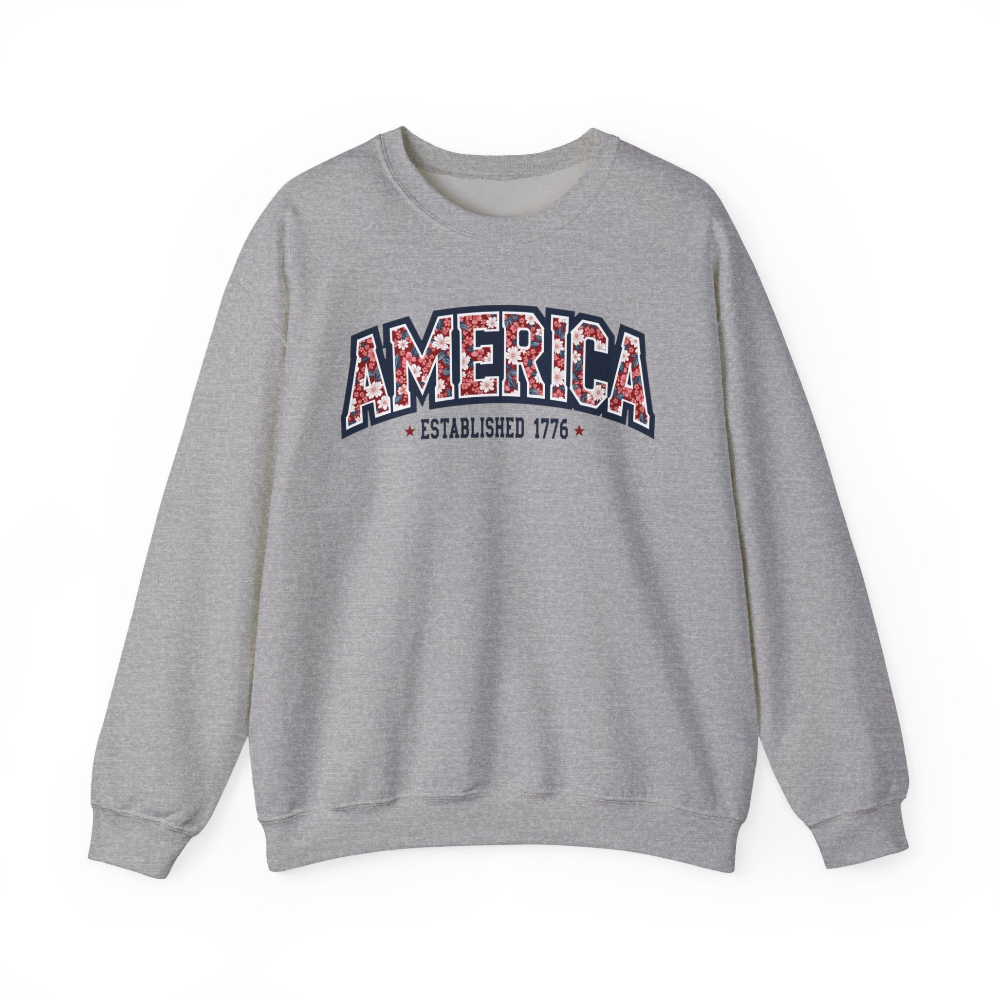America Floral Varsity Crewneck Sweatshirt – Vintage Patriotic Pullover Printify