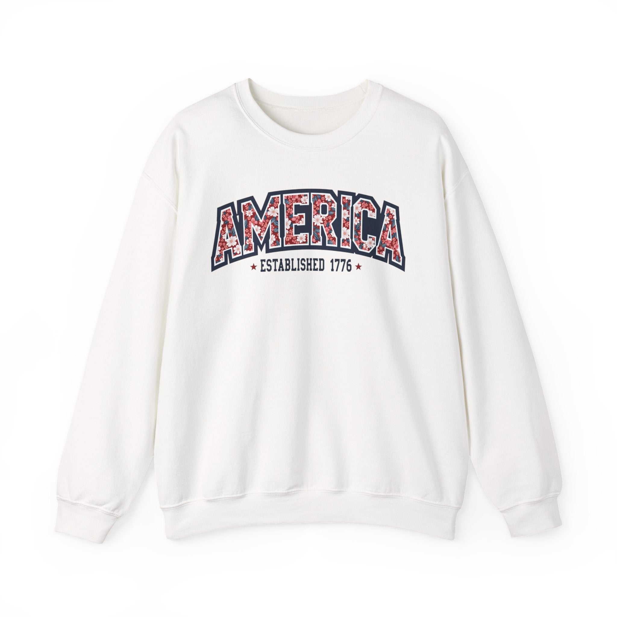 America Floral Varsity Crewneck Sweatshirt – Vintage Patriotic Pullover Printify