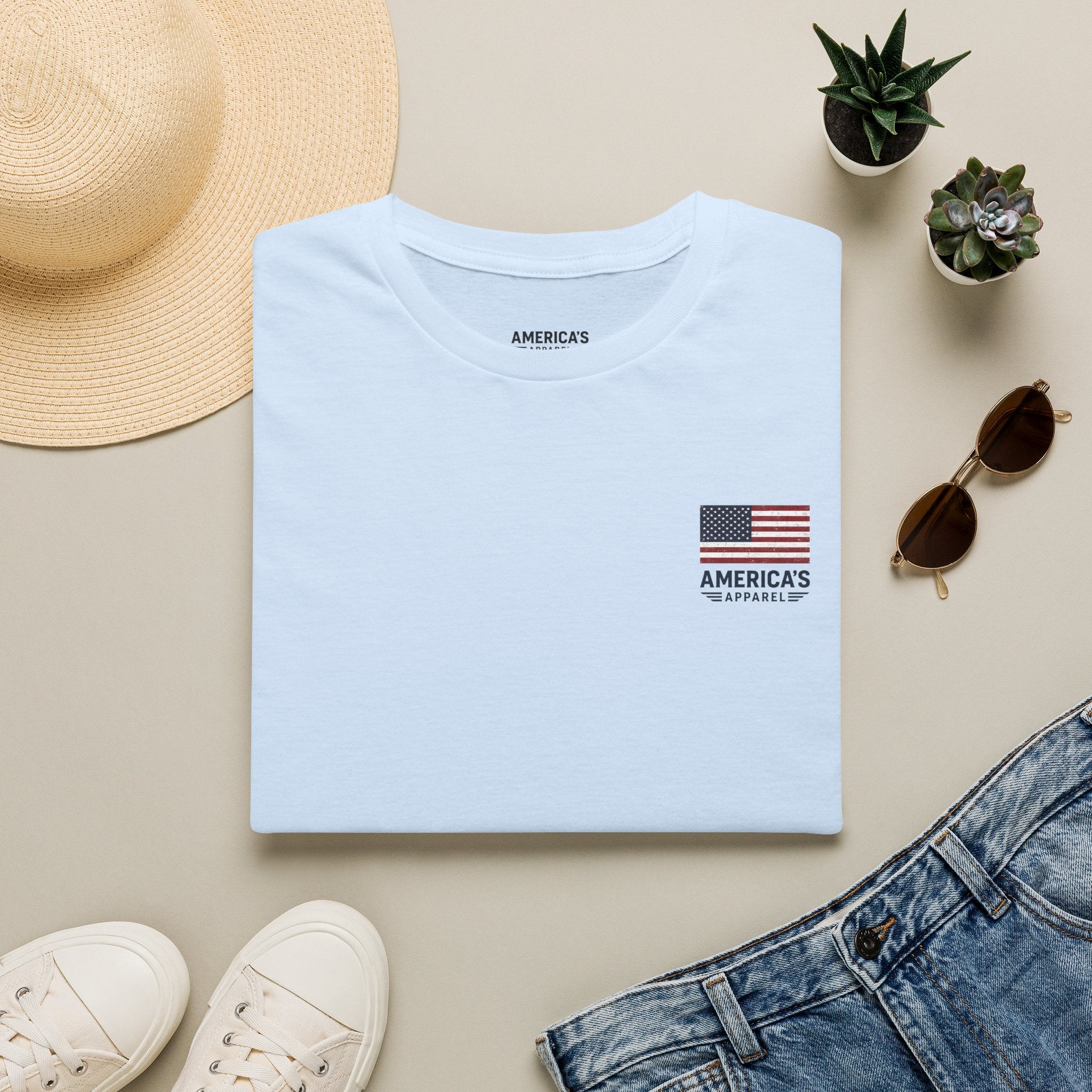 American Flag Pocket T-Shirt — "America's" Small Logo Patriotic Tee Printify