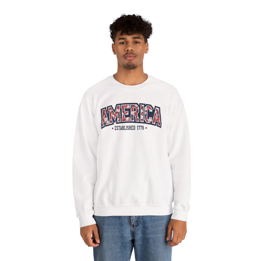 America Floral Varsity Crewneck Sweatshirt – Vintage Patriotic Pullover Printify