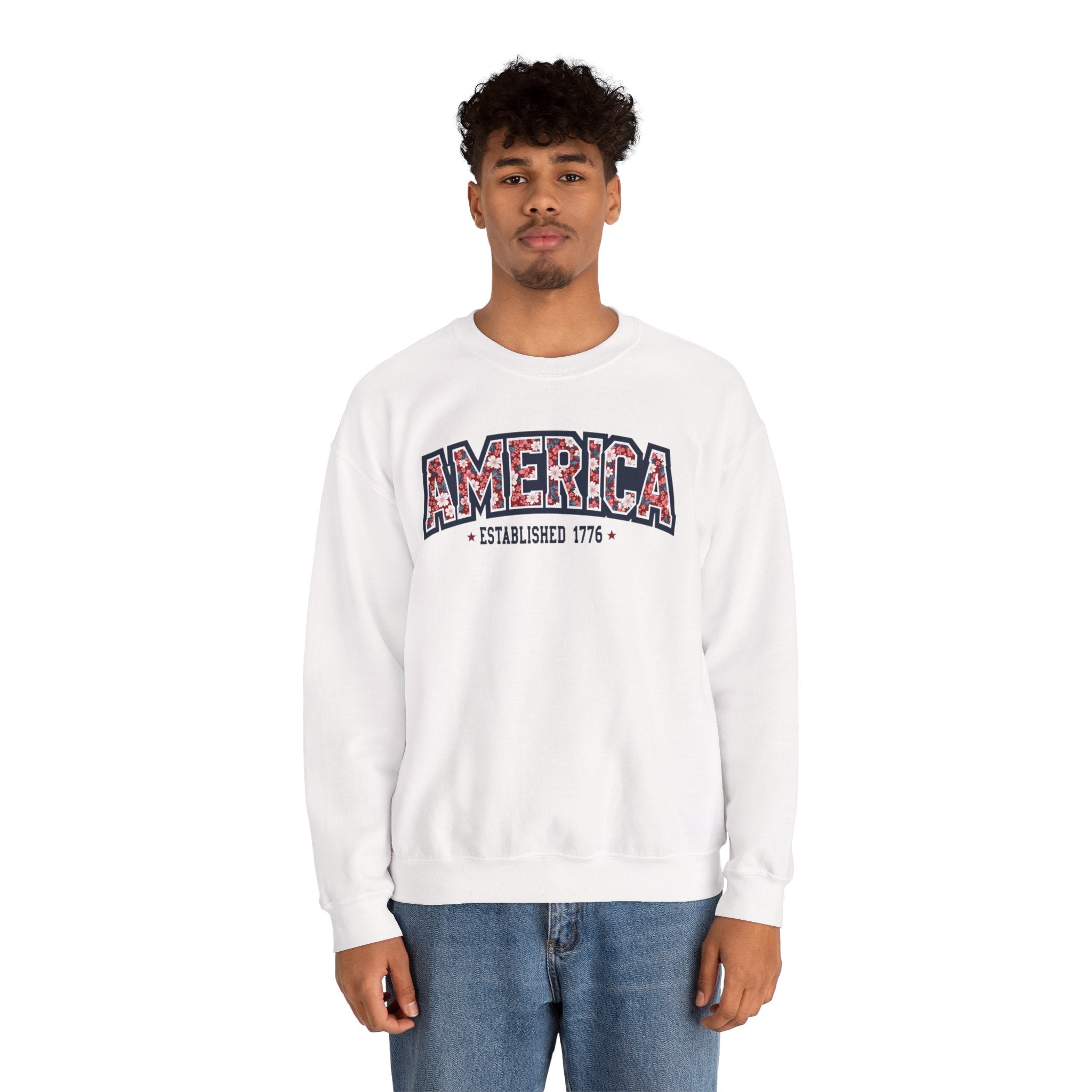 America Floral Varsity Crewneck Sweatshirt – Vintage Patriotic Pullover Printify