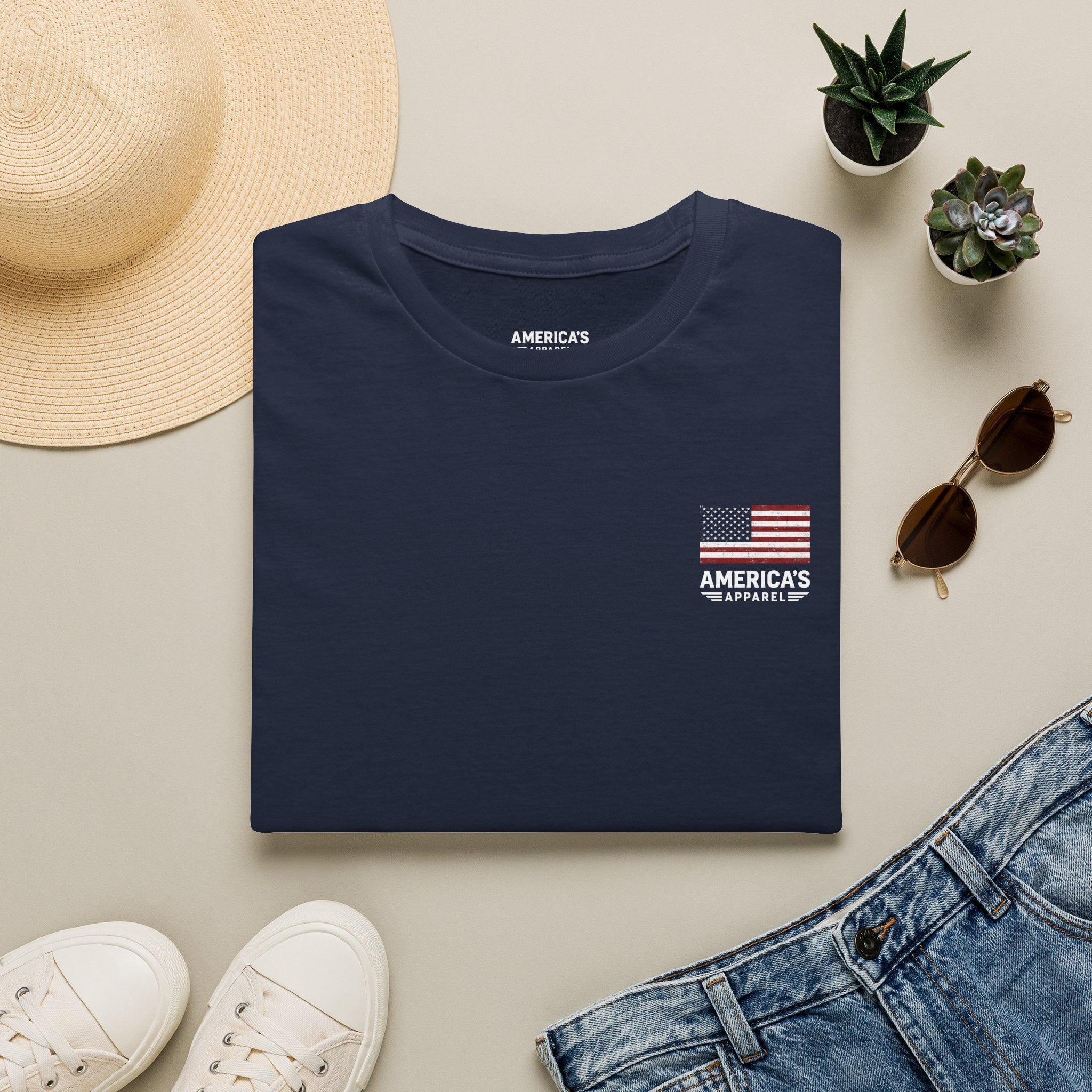 American Flag Pocket T-Shirt — "America's" Small Logo Patriotic Tee Printify