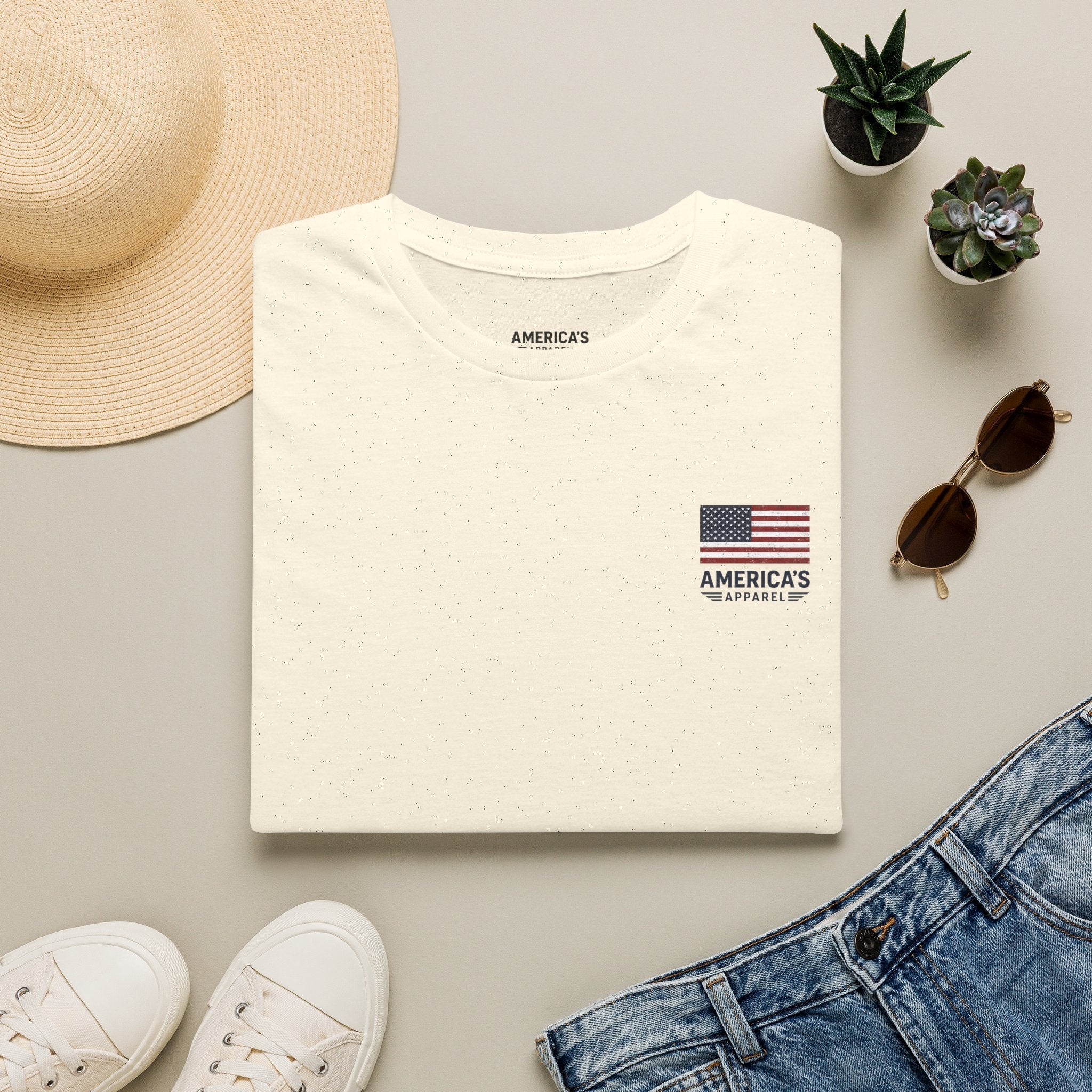 American Flag Pocket T-Shirt — "America's" Small Logo Patriotic Tee Printify
