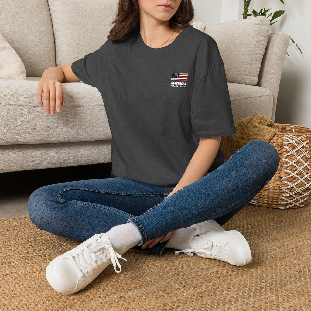 American Flag Pocket T-Shirt — "America's" Small Logo Patriotic Tee Printify