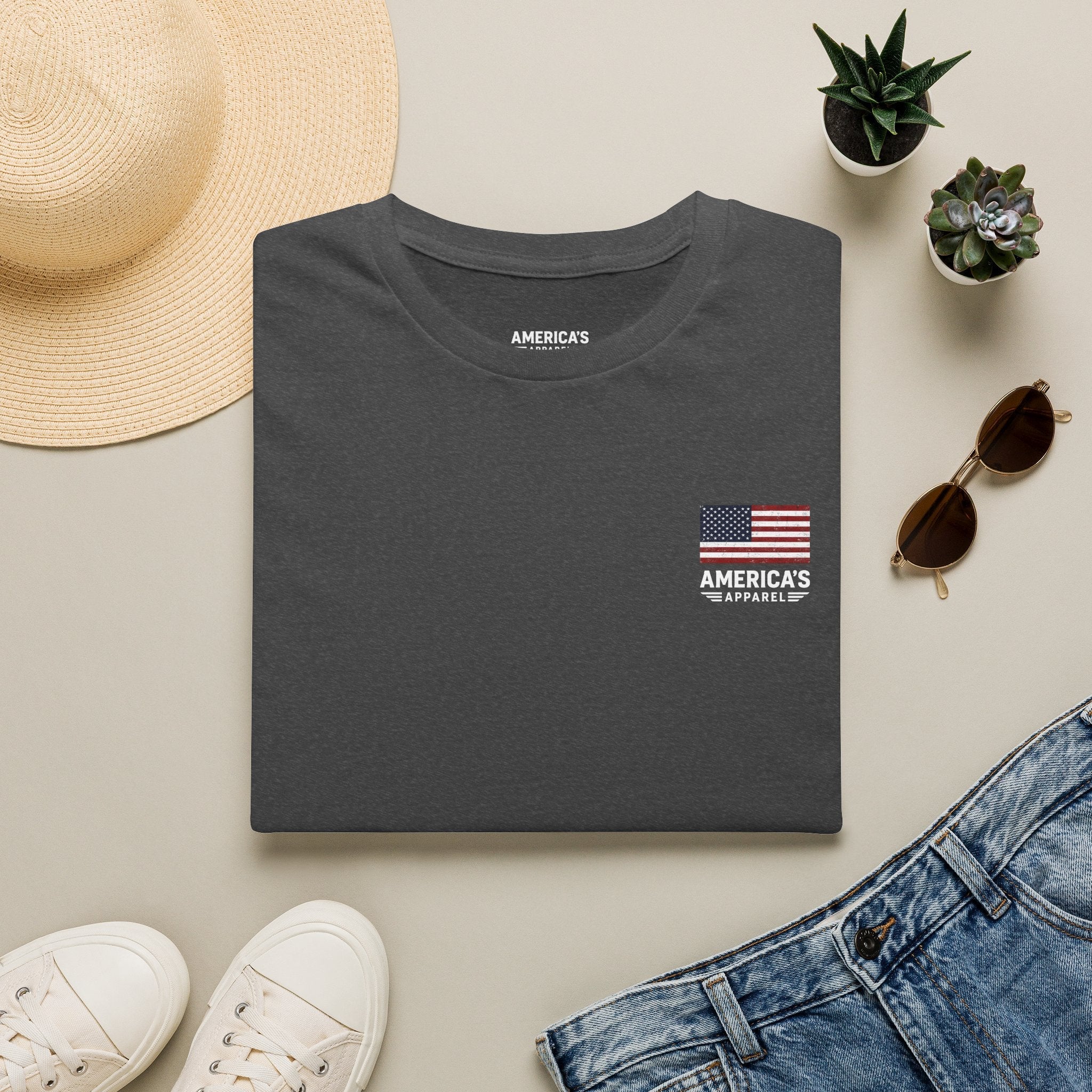 American Flag Pocket T-Shirt — "America's" Small Logo Patriotic Tee Printify