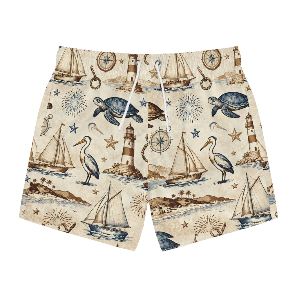 Nautical America Swim Trunks — Patriotic Maritime All-Over Print