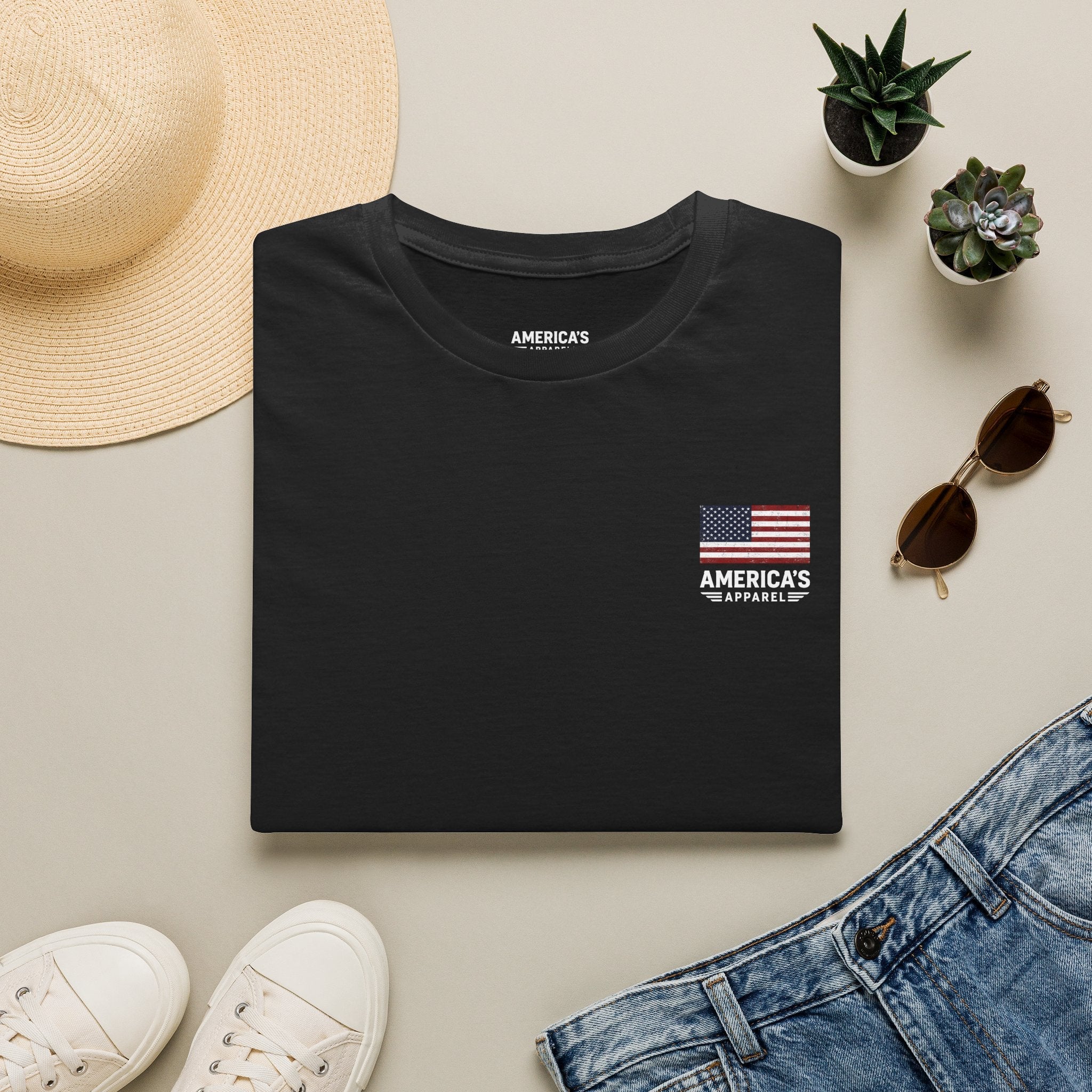 American Flag Pocket T-Shirt — "America's" Small Logo Patriotic Tee Printify