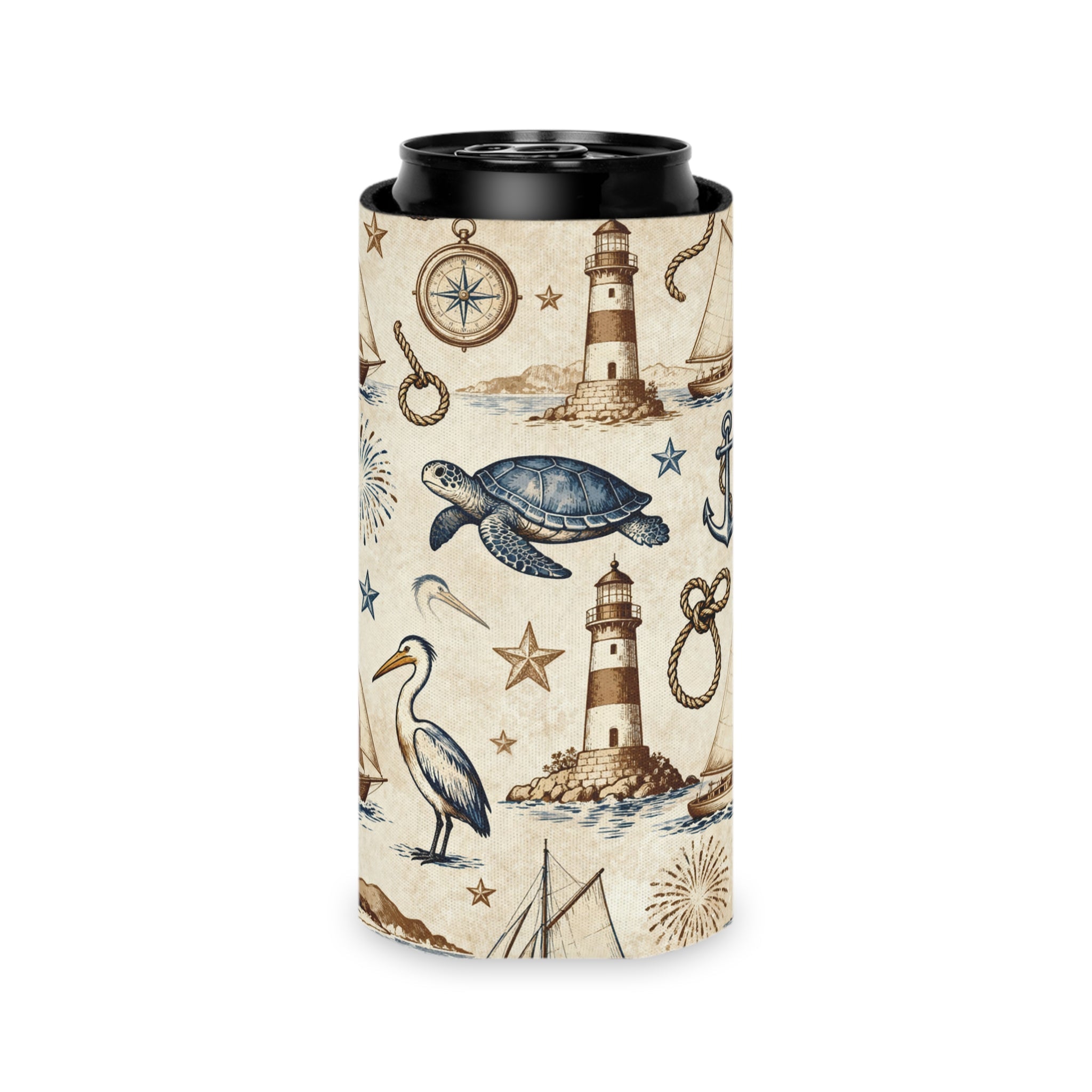 Coastal Lighthouse & Sea Turtle Can Cooler Printify