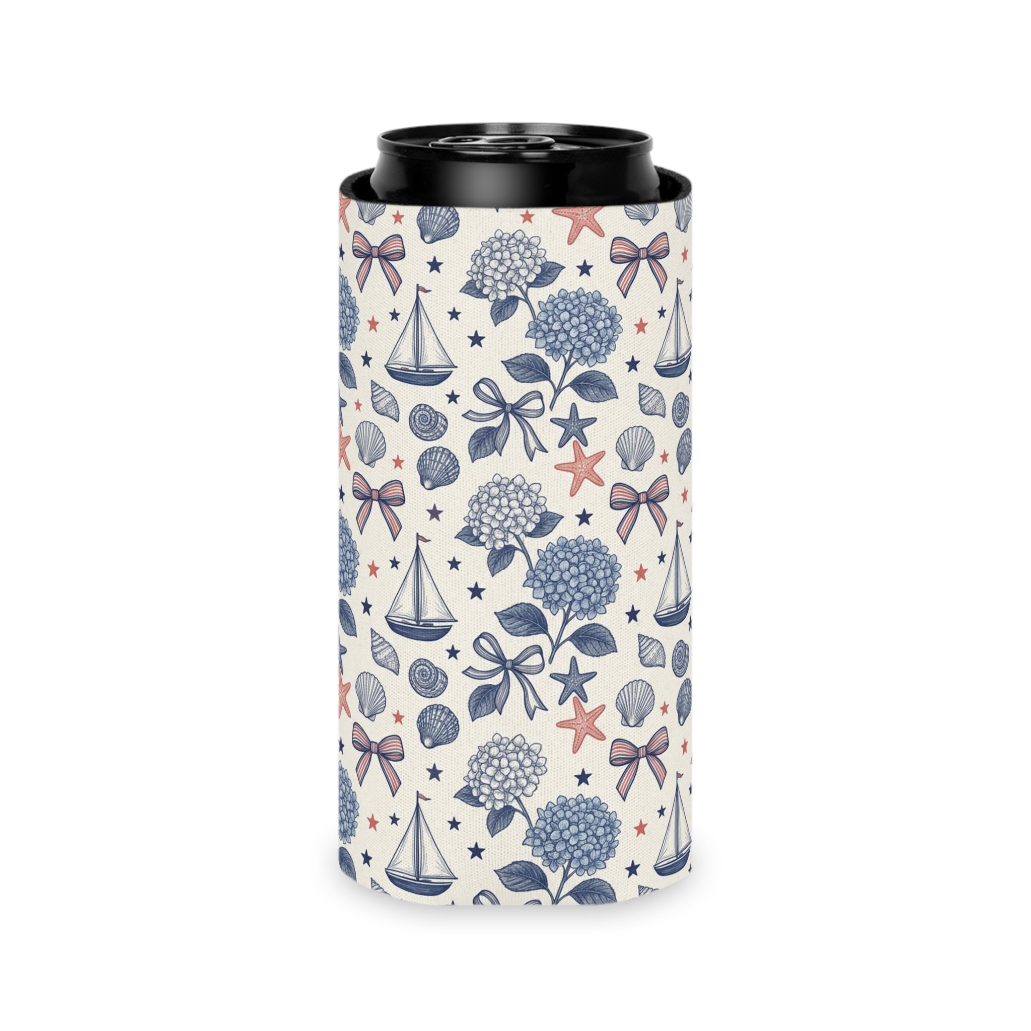 Coastal Americana Hydrangea Can Cooler Printify
