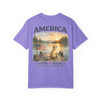 America 1776–2026 Freedom Lake Graphic T-Shirt — Patriotic Dog & Flag Tee Printify