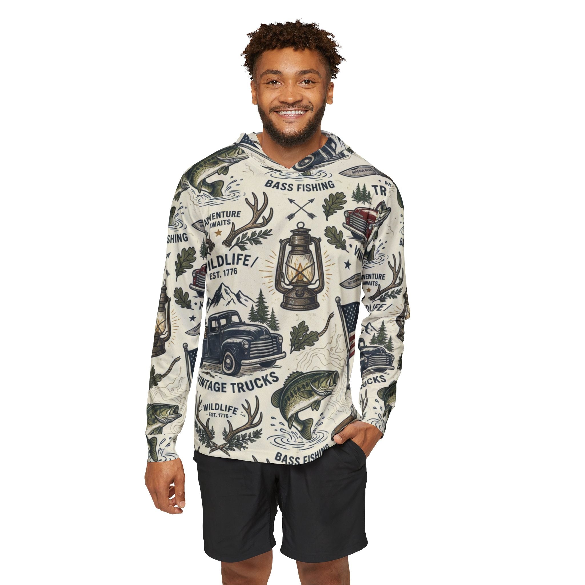 Backwoods Americana Performance Hoodie – Vintage Outdoor Adventure Hooded Shirt Printify