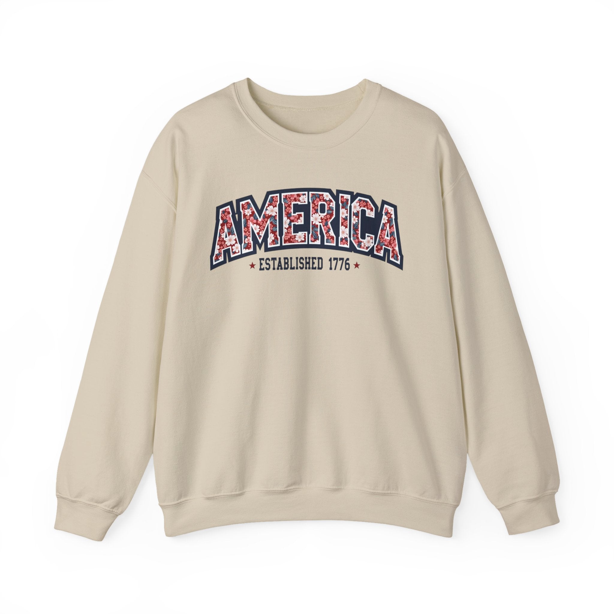 America Floral Varsity Crewneck Sweatshirt – Vintage Patriotic Pullover Printify
