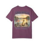 America 1776–2026 Freedom Lake Graphic T-Shirt — Patriotic Dog & Flag Tee Printify