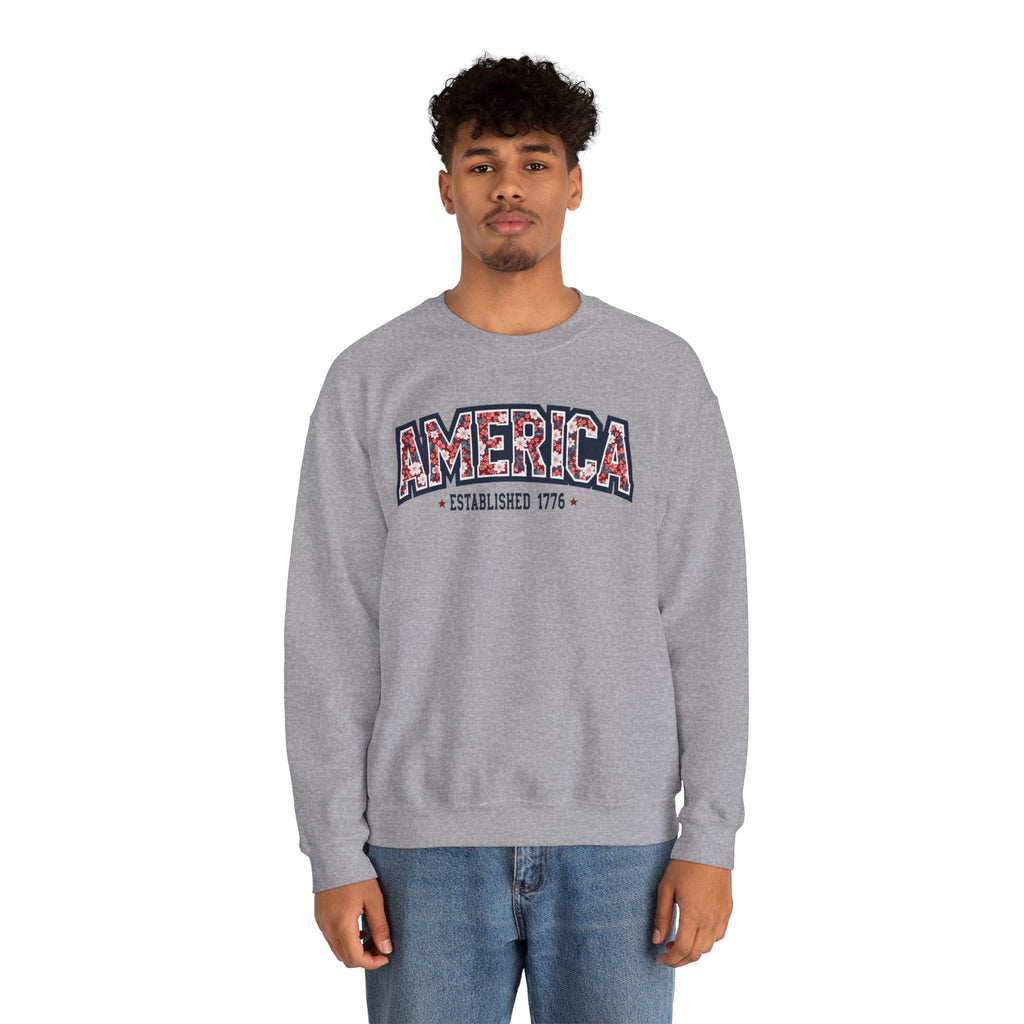 America Floral Varsity Crewneck Sweatshirt – Vintage Patriotic Pullover Printify