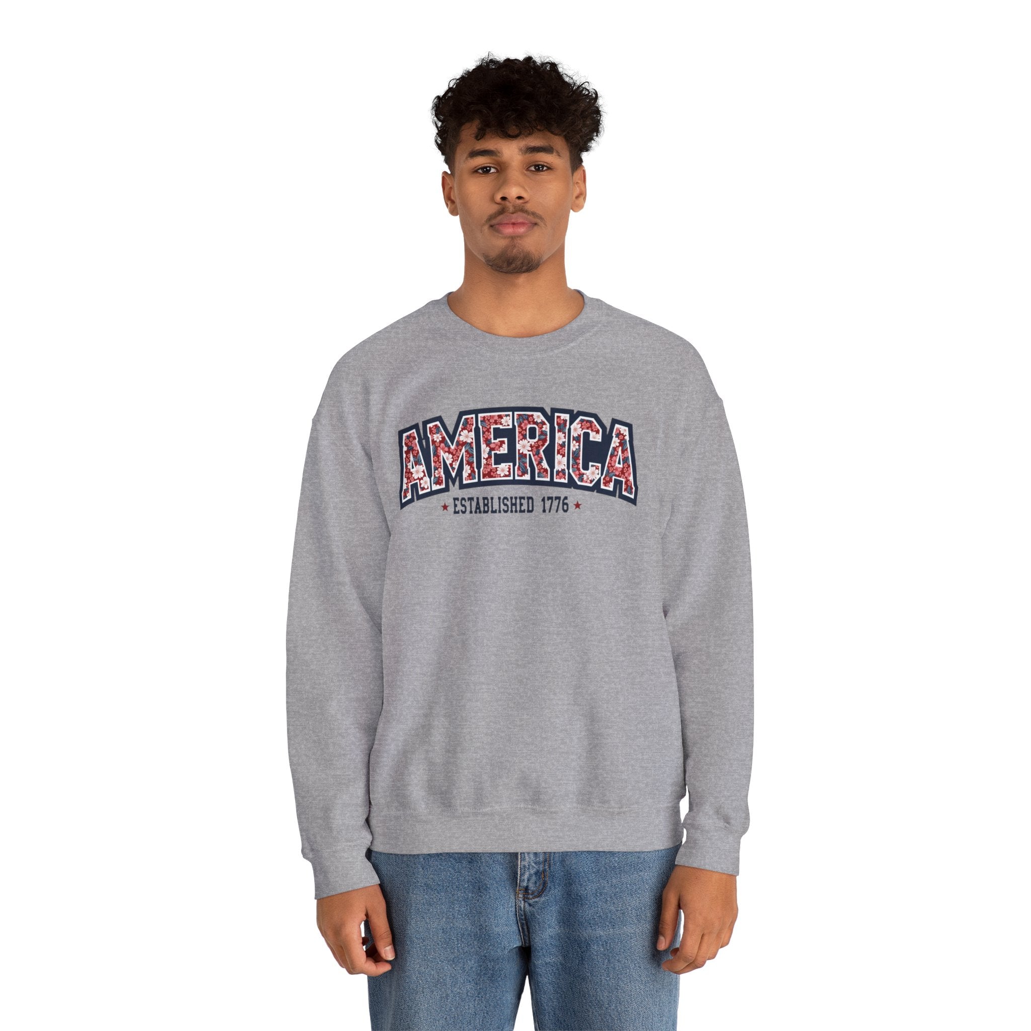 America Floral Varsity Crewneck Sweatshirt – Vintage Patriotic Pullover Printify