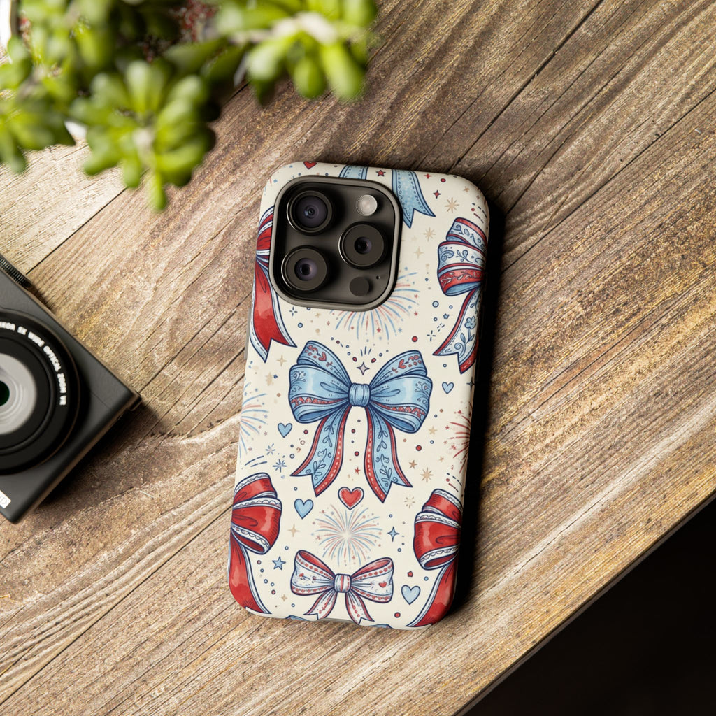 Patriotic Coquette Bows Phone Case – Americana Ribbon & Fireworks Design Printify