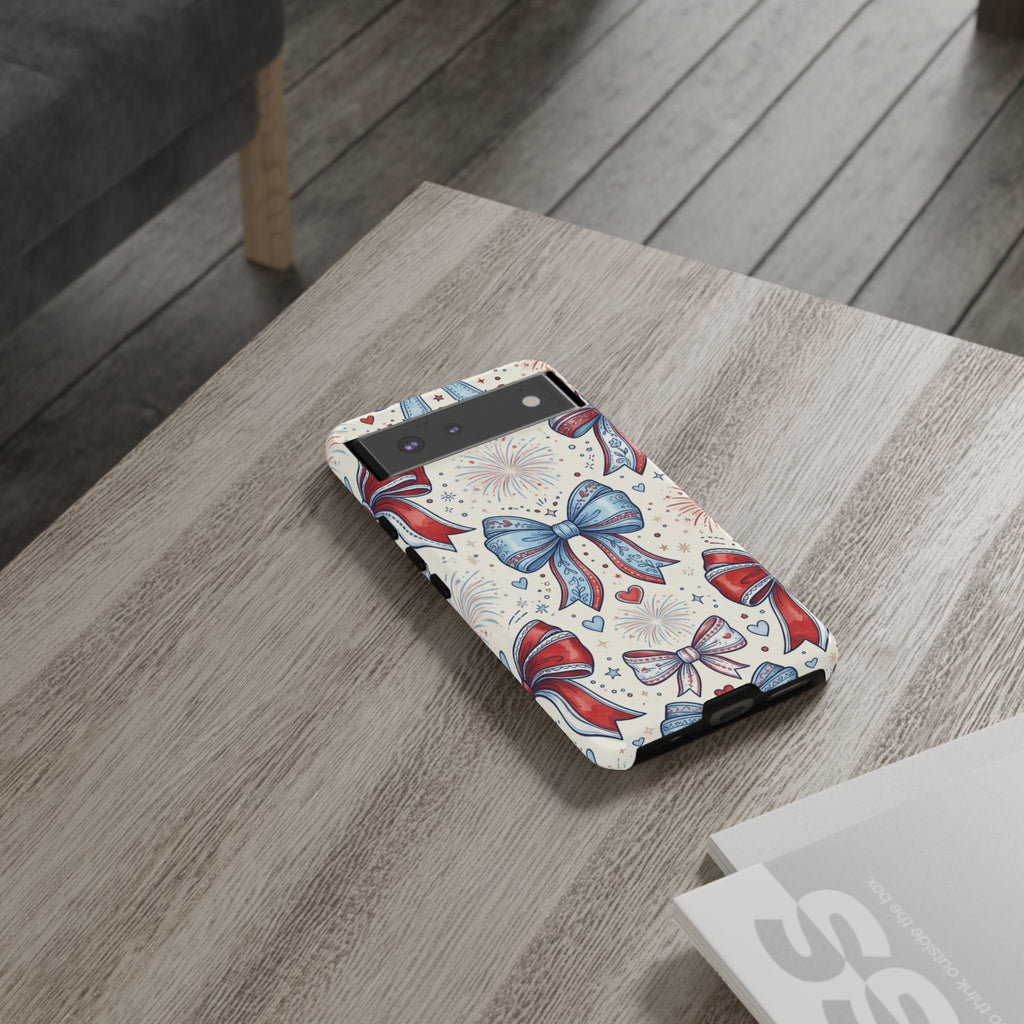 Patriotic Coquette Bows Phone Case – Americana Ribbon & Fireworks Design Printify