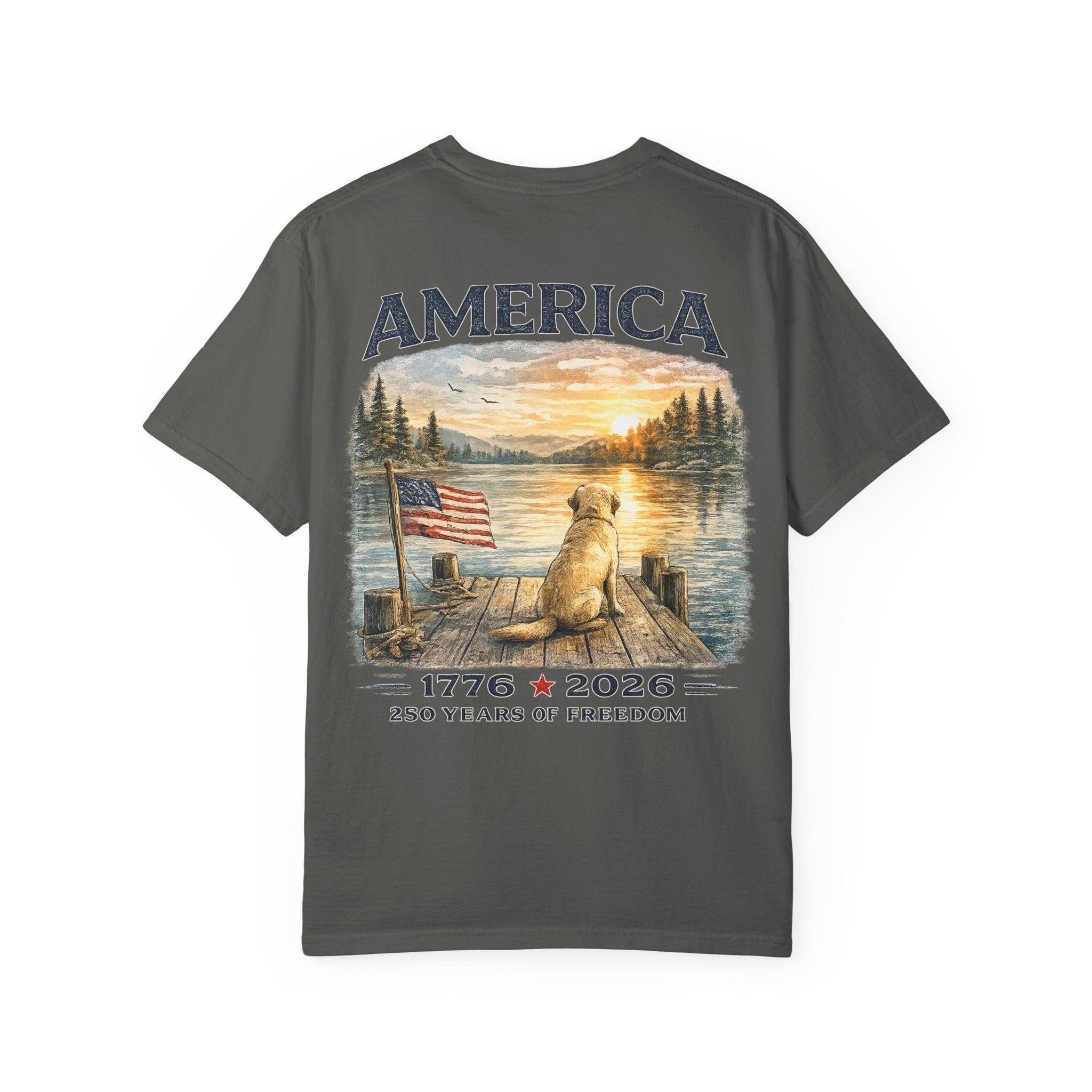 America 1776–2026 Freedom Lake Graphic T-Shirt — Patriotic Dog & Flag Tee Printify