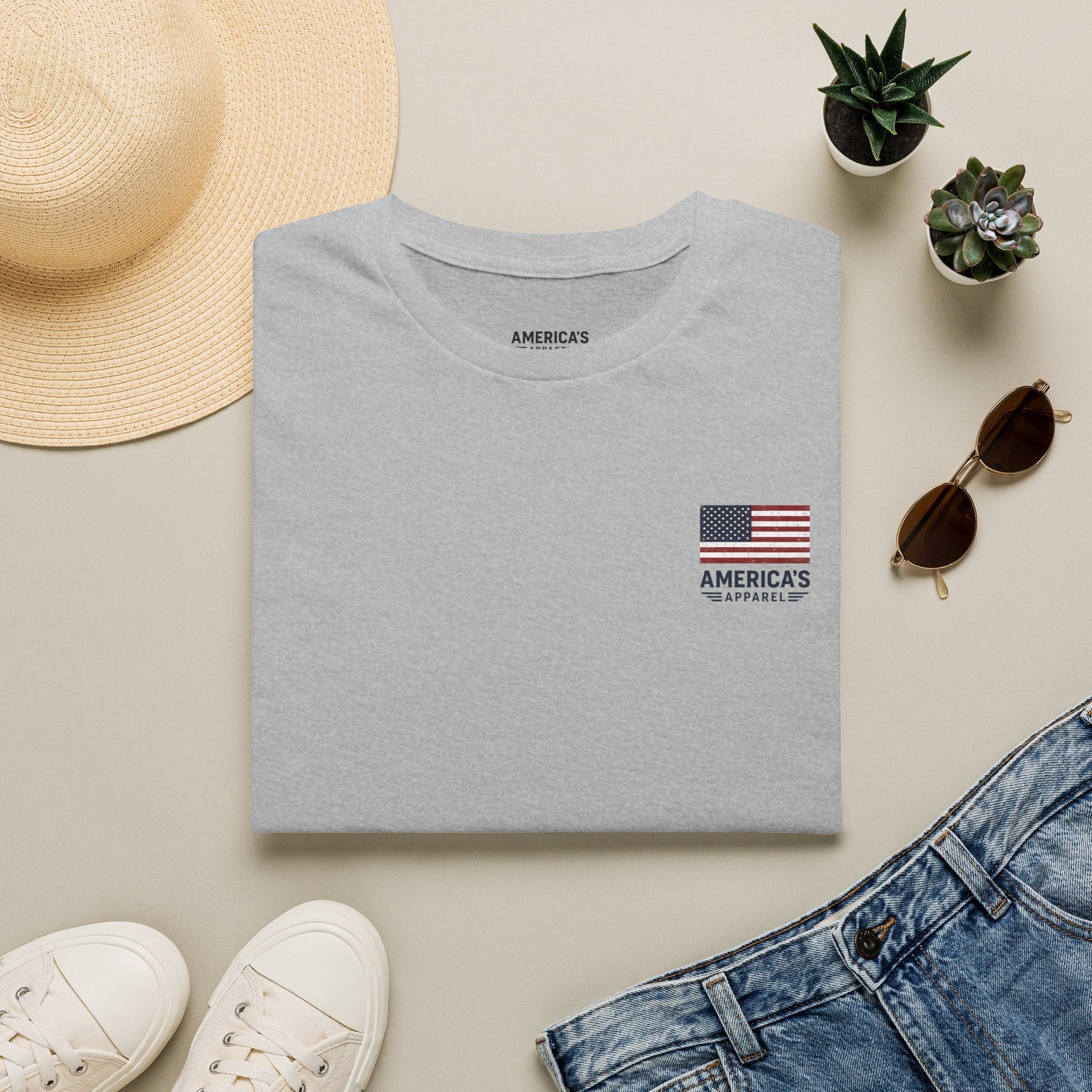 American Flag Pocket T-Shirt — "America's" Small Logo Patriotic Tee Printify
