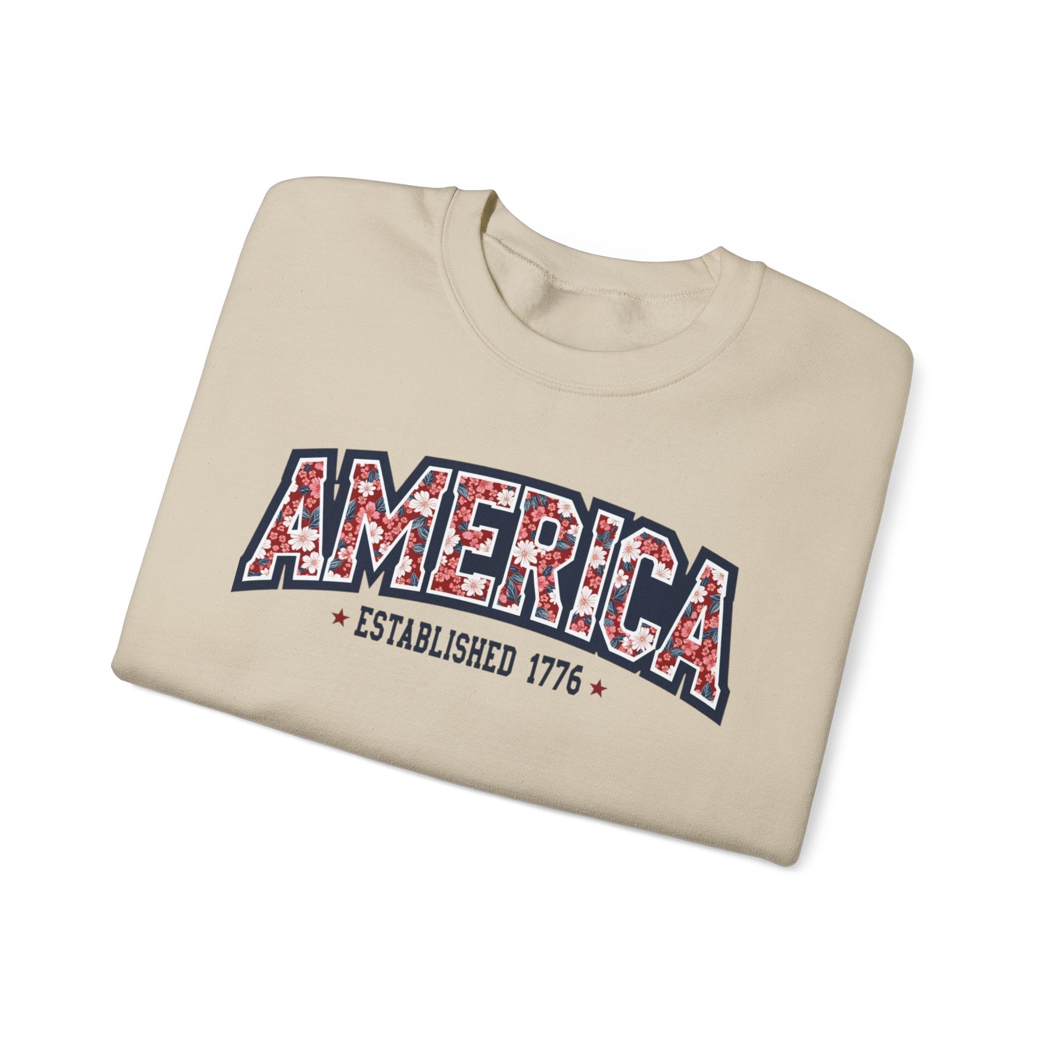 America Floral Varsity Crewneck Sweatshirt – Vintage Patriotic Pullover Printify