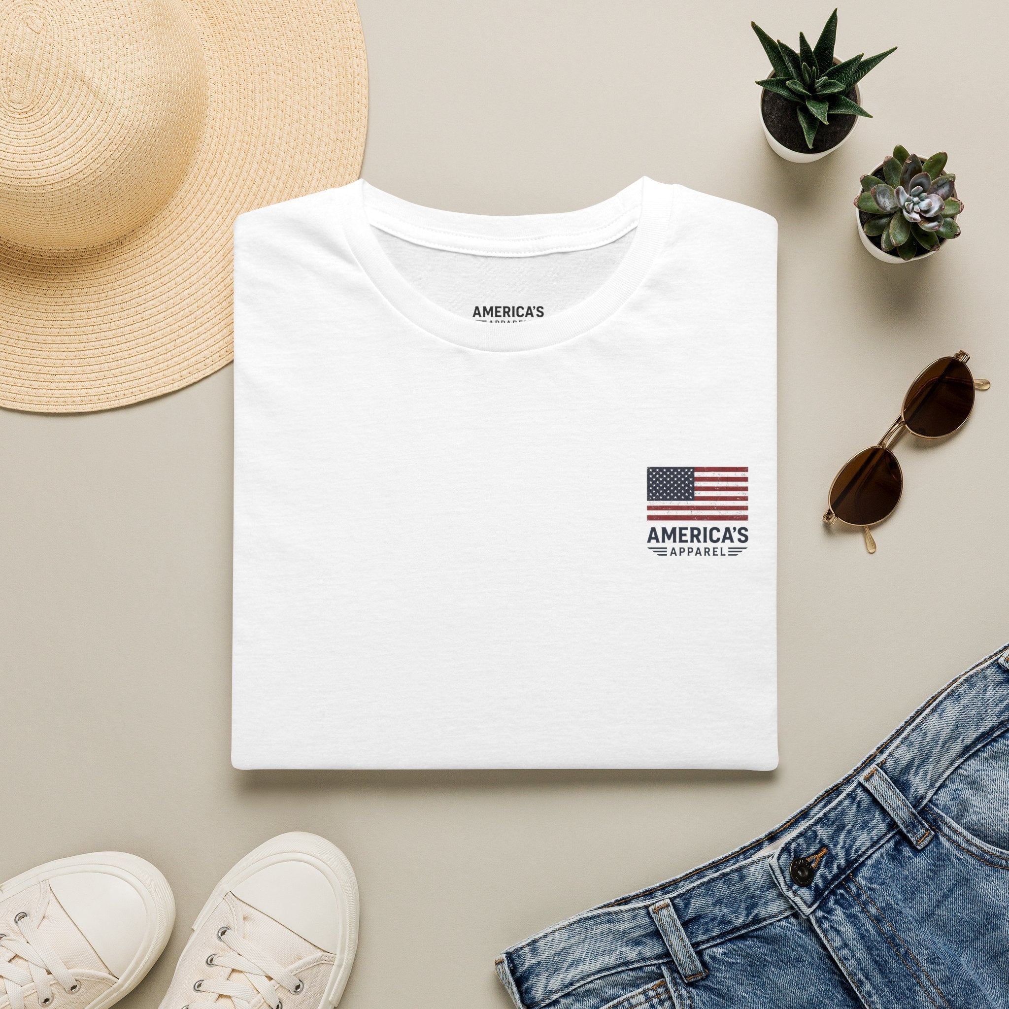 American Flag Pocket T-Shirt — "America's" Small Logo Patriotic Tee Printify
