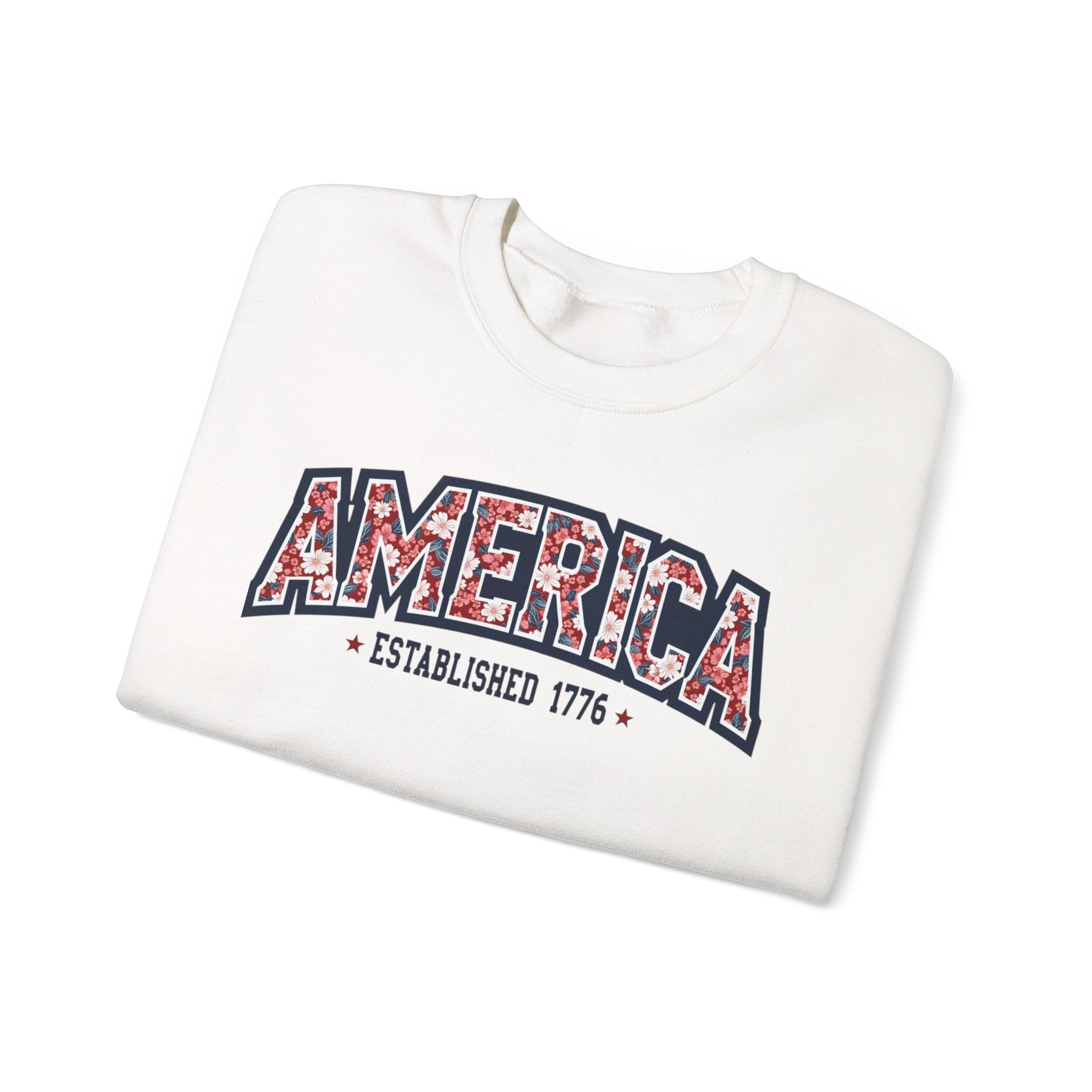 America Floral Varsity Crewneck Sweatshirt – Vintage Patriotic Pullover Printify