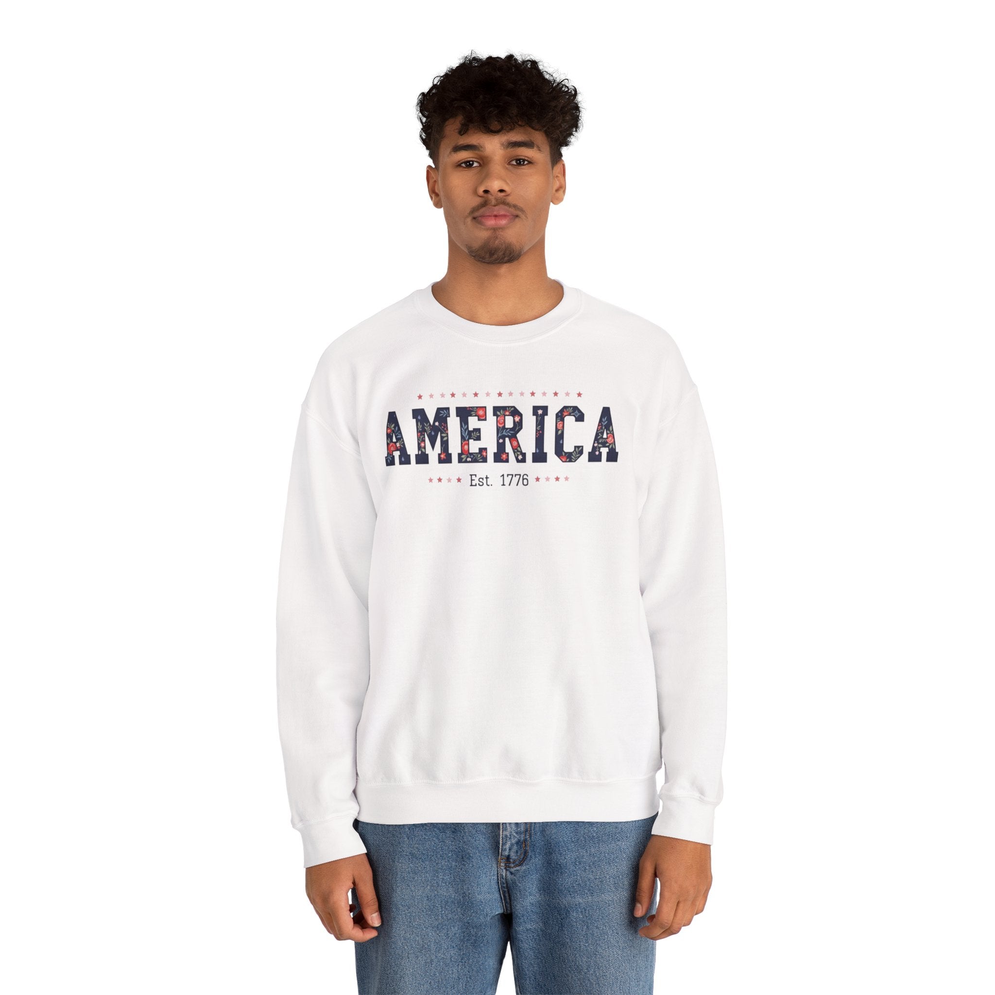 America Wildflower Crewneck Sweatshirt – Vintage Patriotic Floral Pullover Printify