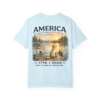 America 1776–2026 Freedom Lake Graphic T-Shirt — Patriotic Dog & Flag Tee Printify