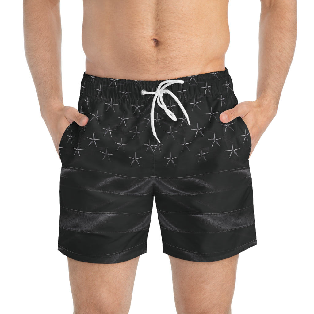 All-Black American Flag Swim Trunks — Patriotic Men's Swimwear