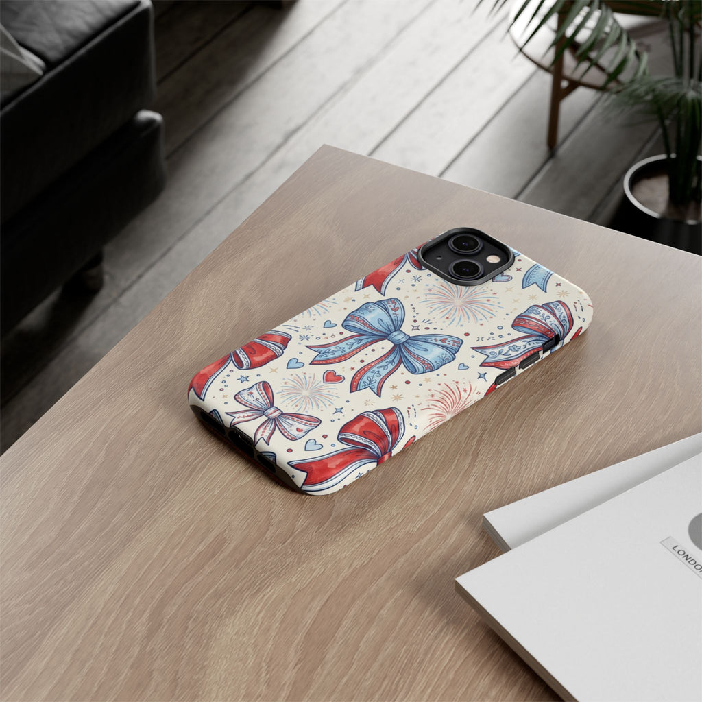 Patriotic Coquette Bows Phone Case – Americana Ribbon & Fireworks Design Printify