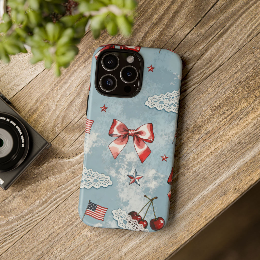 Americana Coquette Cherry Bow Phone Case Printify