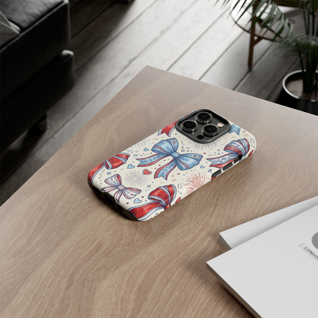 Patriotic Coquette Bows Phone Case – Americana Ribbon & Fireworks Design Printify