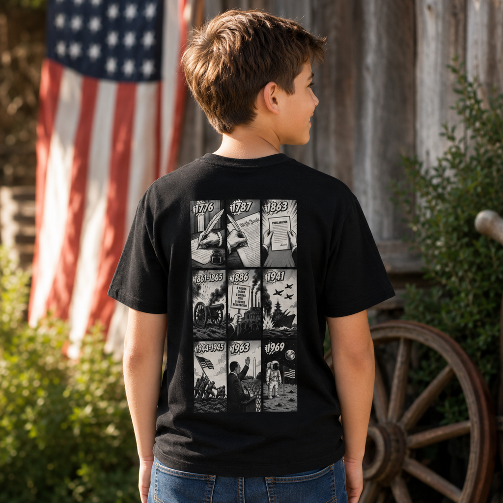 America Comic Book History Kids Tee Printify