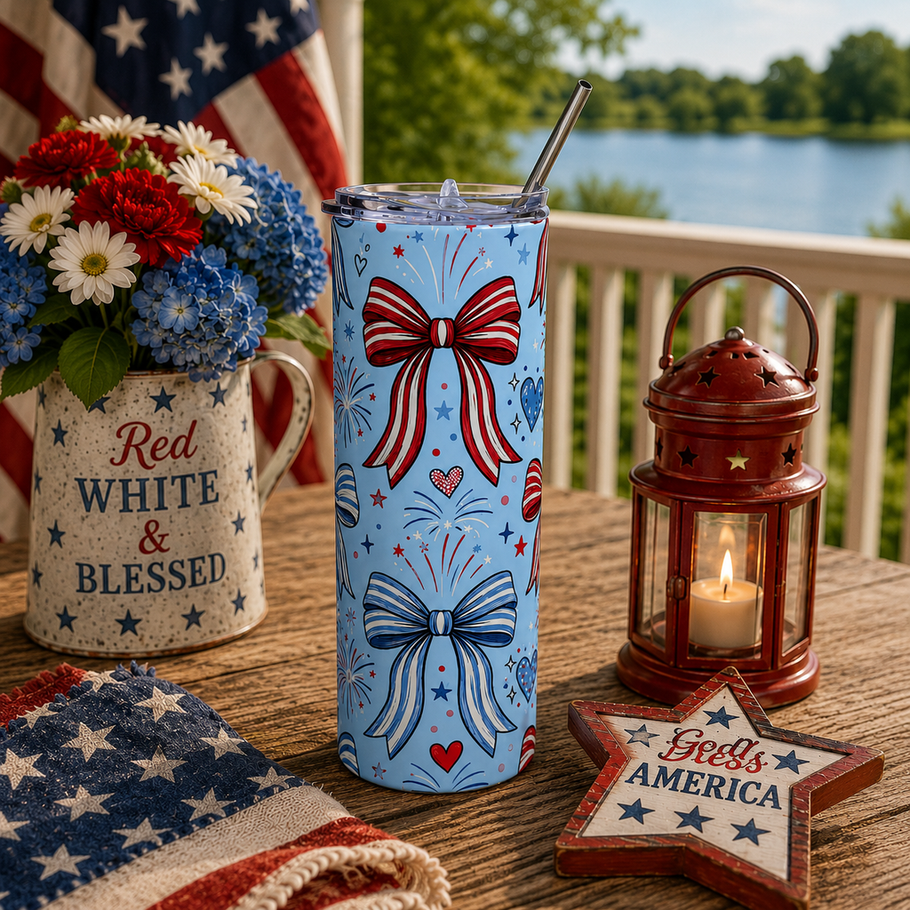 Bows & Fireworks 20oz Stainless Steel Tumbler — Patriotic Ribbon Fireworks Travel Mug Printify