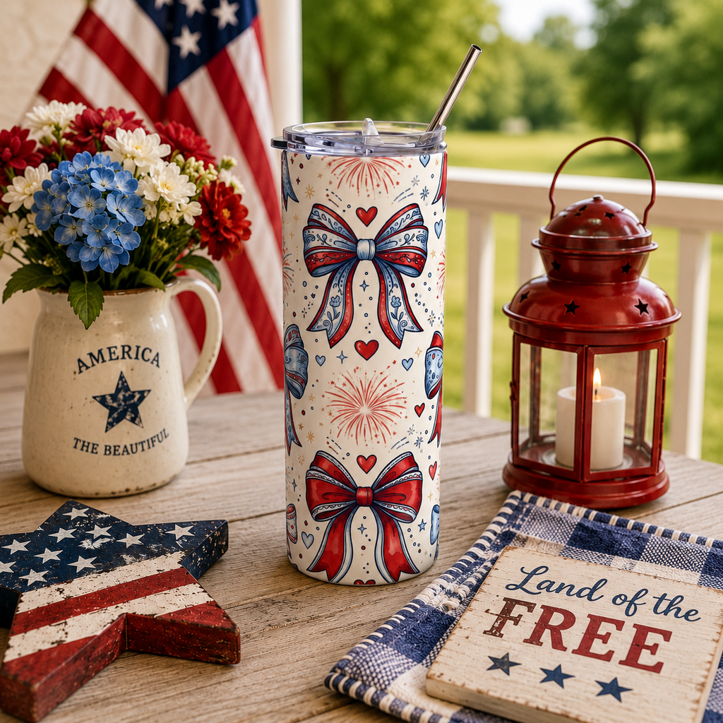 20oz Stainless Steel Tumbler — Bows, Fireworks & Hearts Design Printify