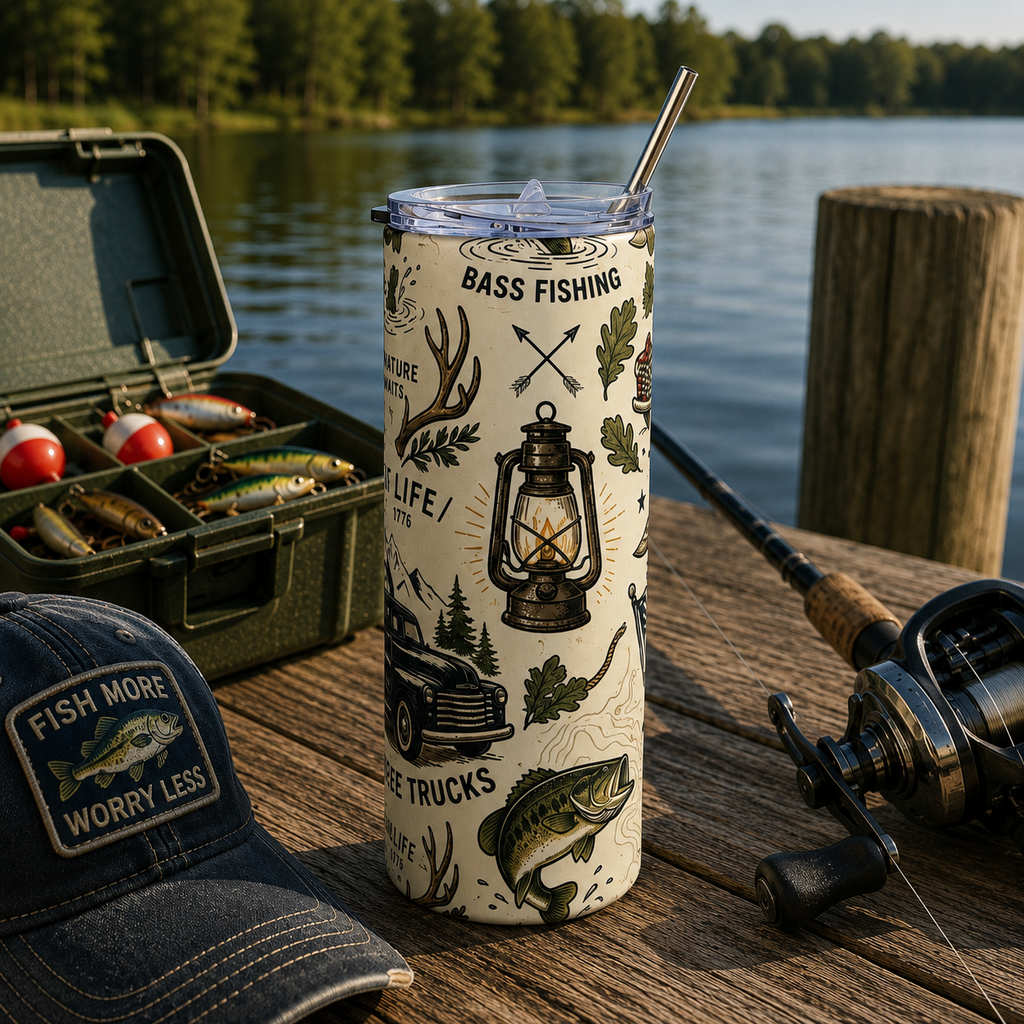 Bass Fishing 20oz Stainless Steel Tumbler — Insulated Fishing Travel Mug Printify