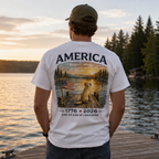 America 1776–2026 Freedom Lake Graphic T-Shirt — Patriotic Dog & Flag Tee Printify